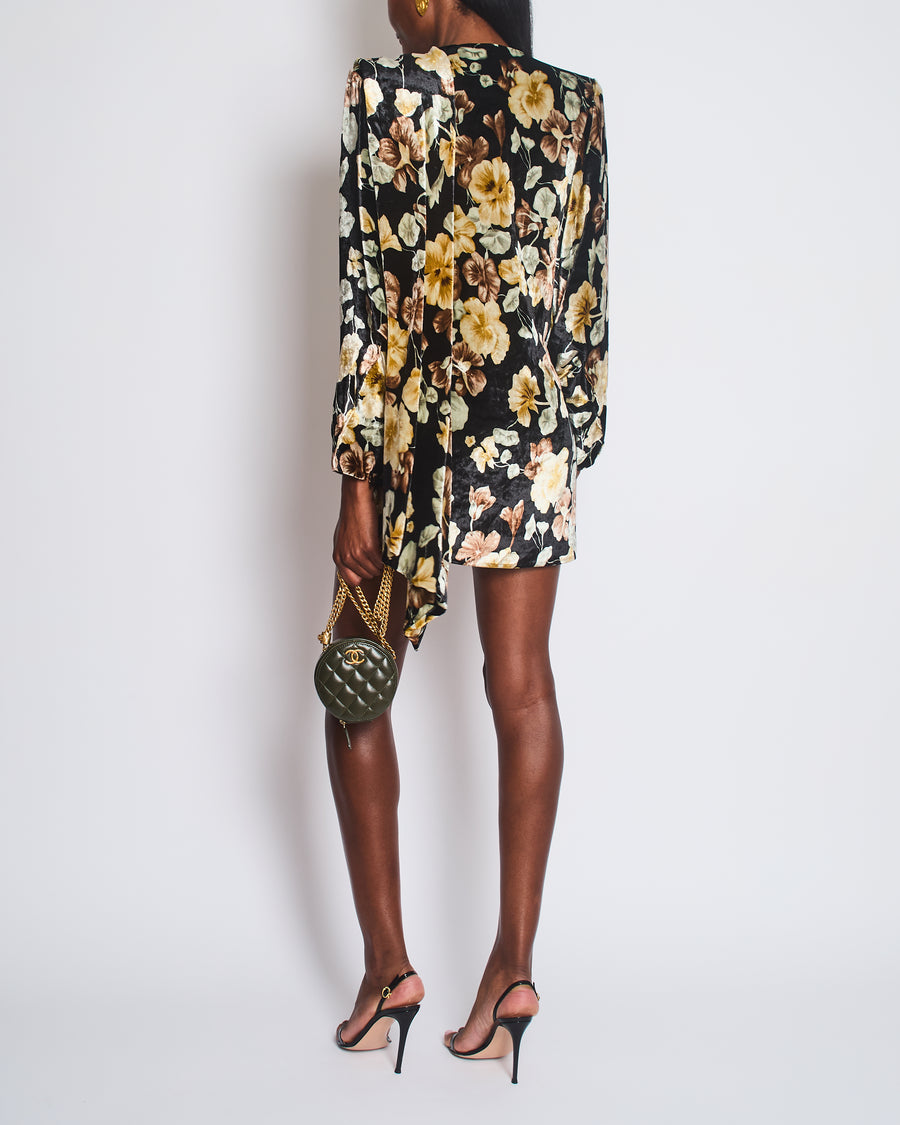 Saint Laurent Black Velvet Cream, Brown Floral Print Mini Dress Wrap Detail Size FR 34 UK 6