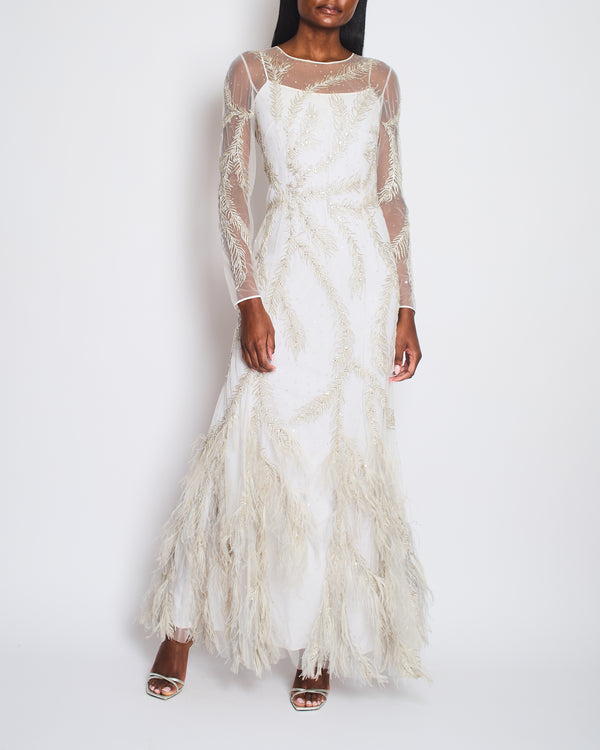 Brunello Cucinelli White Long Sleeve Feather Embellished Gown Size IT 40 (UK 8)