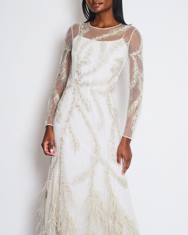 Brunello Cucinelli White Long Sleeve Feather Embellished Gown Size IT 40 (UK 8)