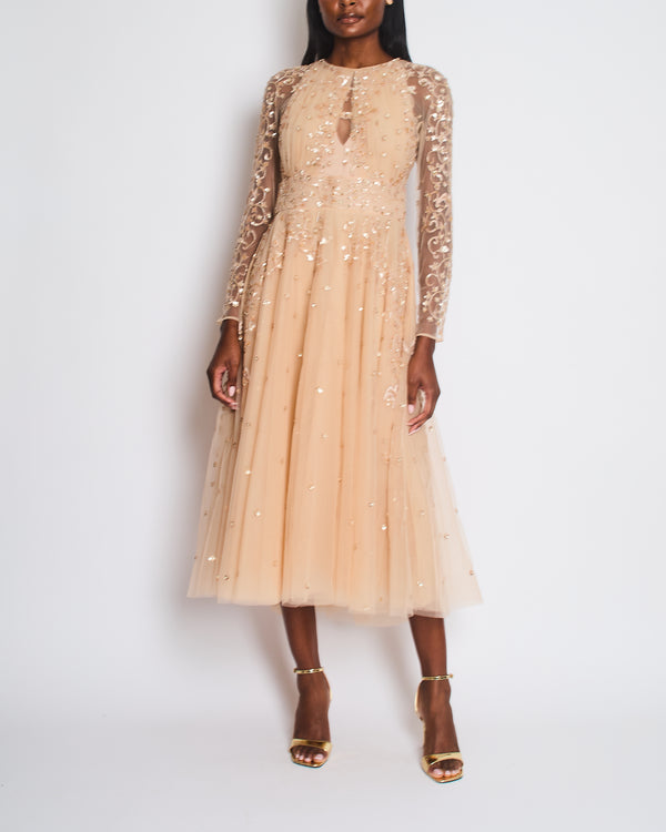 Zuhair Murad Pastel Pink Long Sleeve Embellished Mesh Gown with Open Back Detail Size FR 40 (UK 12)