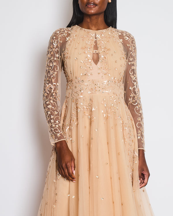 Zuhair Murad Pastel Pink Long Sleeve Embellished Mesh Gown with Open Back Detail Size FR 40 (UK 12)