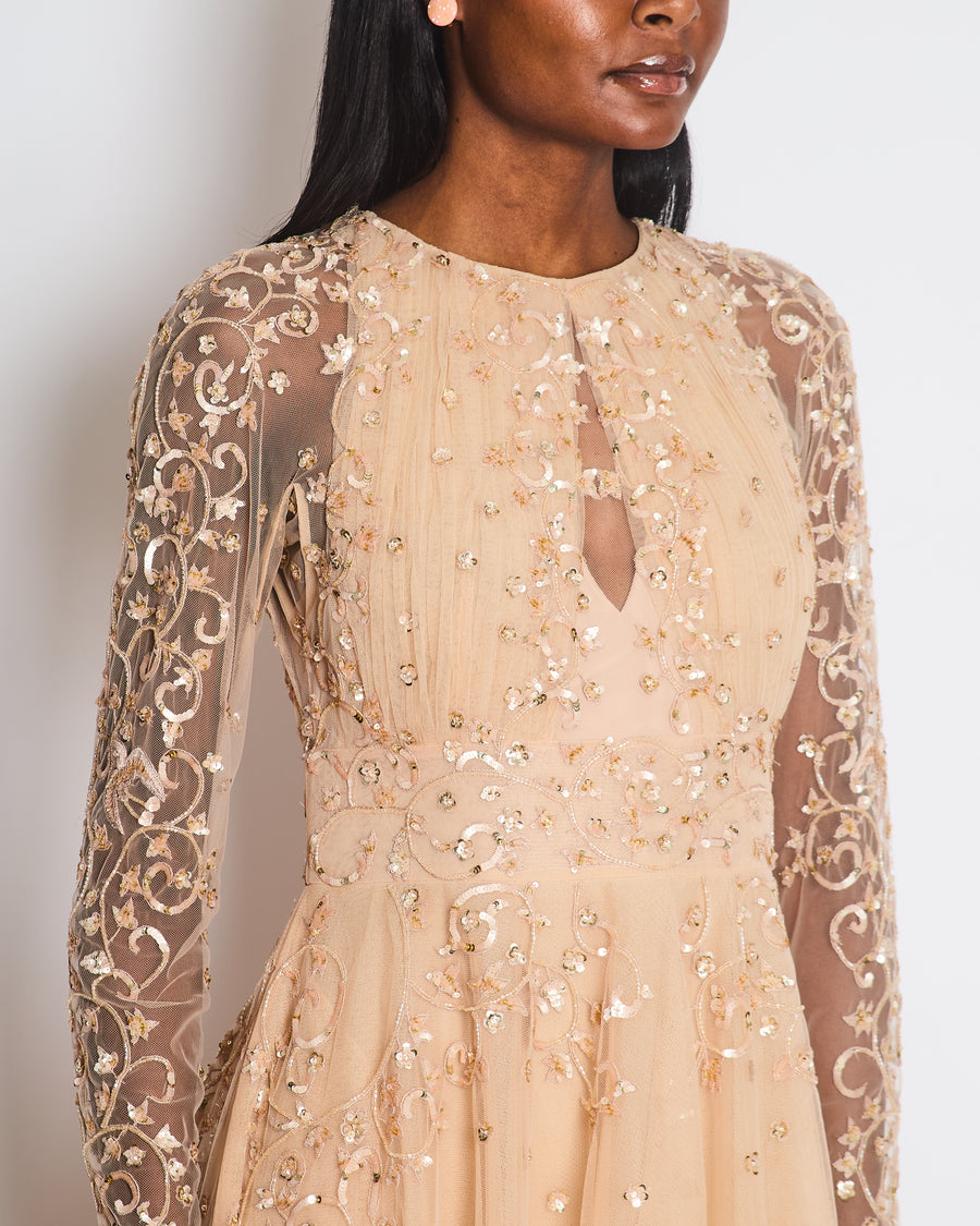 Zuhair Murad Pastel Pink Long Sleeve Embellished Mesh Gown with Open Back Detail Size FR 40 (UK 12)