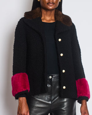 Gucci Black Tweed Jacket with Brown, Pink Fur Collar Cuff Detail and Pearl GG Buttons Size IT 40 (UK 8)