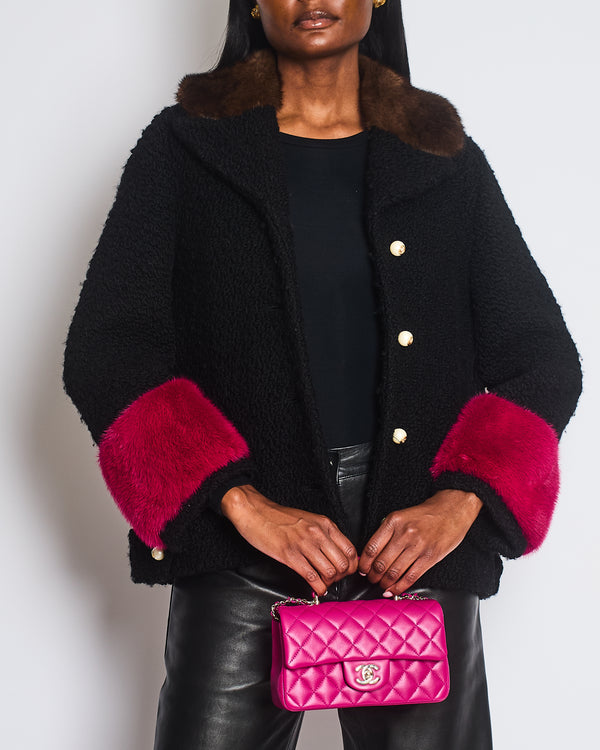 Gucci Black Tweed Jacket with Brown, Pink Fur Collar Cuff Detail and Pearl GG Buttons Size IT 40 (UK 8)