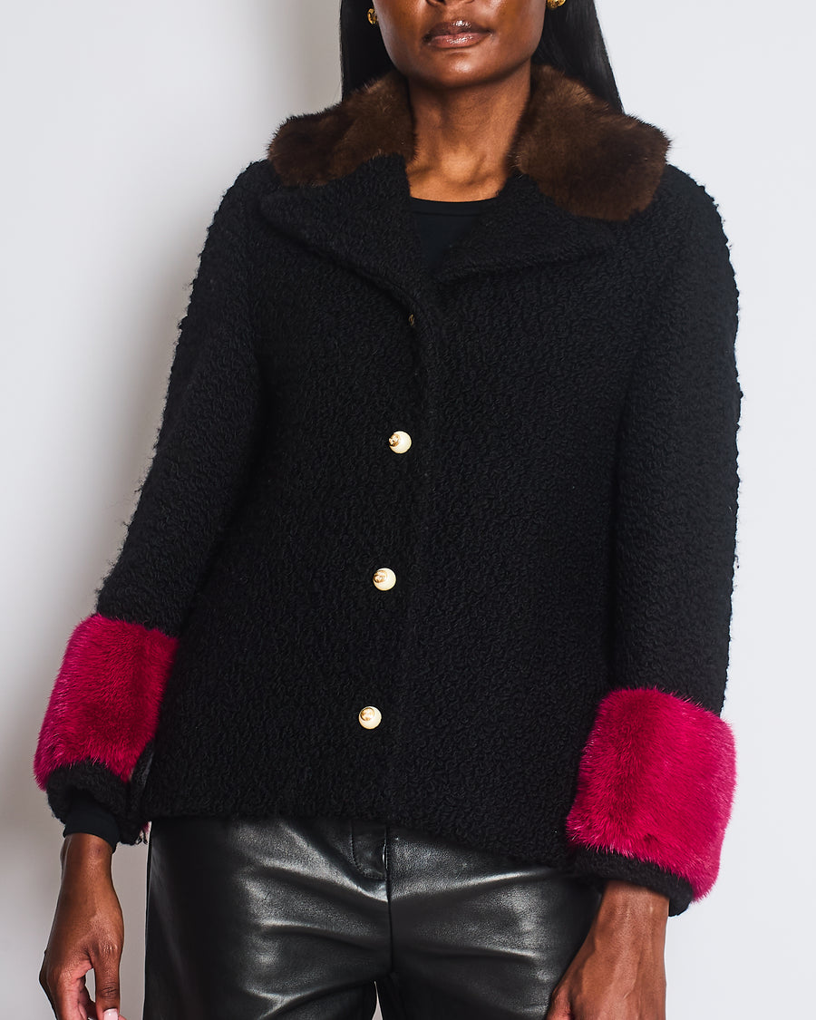 Gucci Black Tweed Jacket with Brown, Pink Fur Collar Cuff Detail and Pearl GG Buttons Size IT 40 (UK 8)