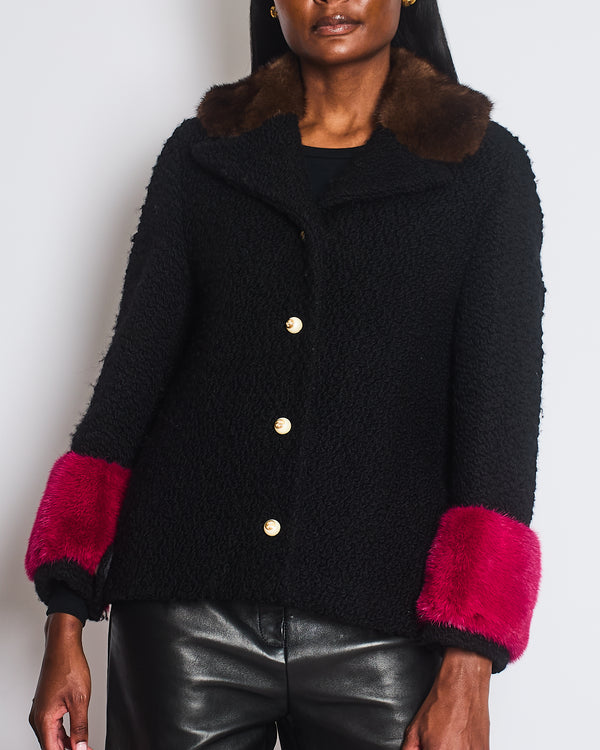 Gucci Black Tweed Jacket with Brown, Pink Fur Collar Cuff Detail and Pearl GG Buttons Size IT 40 (UK 8)