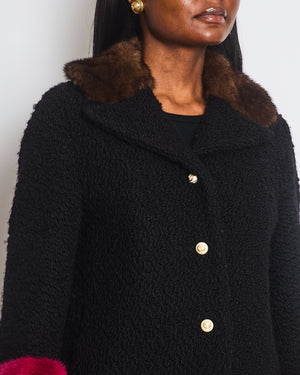 Gucci Black Tweed Jacket with Brown, Pink Fur Collar Cuff Detail and Pearl GG Buttons Size IT 40 (UK 8)