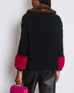 Gucci Black Tweed Jacket with Brown, Pink Fur Collar Cuff Detail and Pearl GG Buttons Size IT 40 (UK 8)