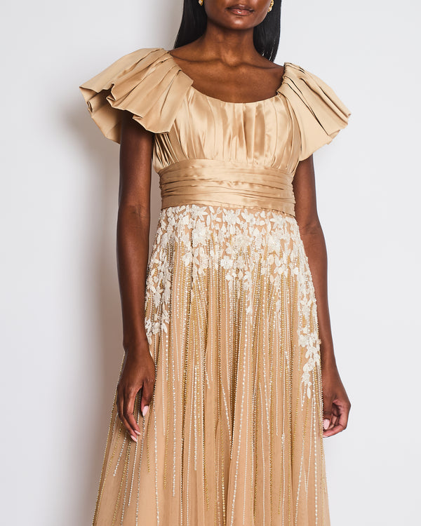 Saiid Kobeisy Tan Embellished Short Sleeve Midi Dress Size UK 8 / 10
