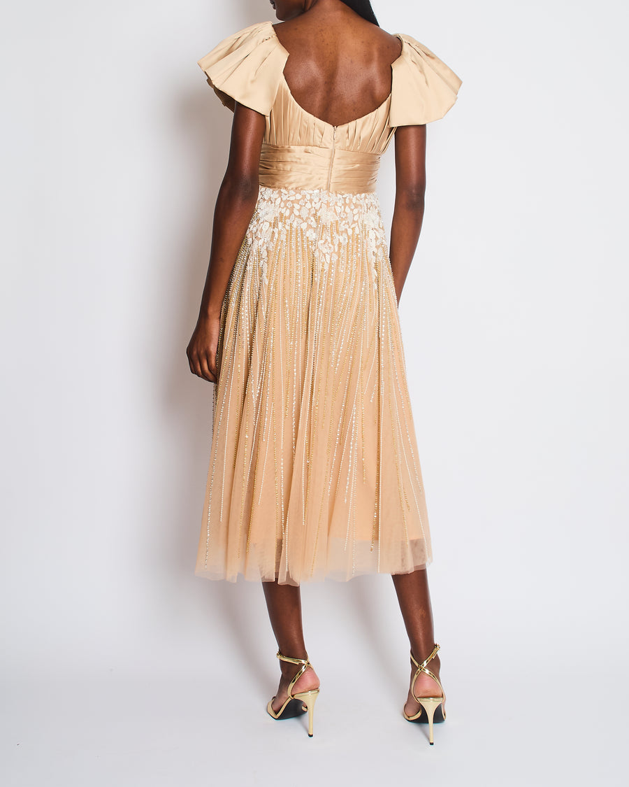 Saiid Kobeisy Tan Embellished Short Sleeve Midi Dress Size UK 8 / 10
