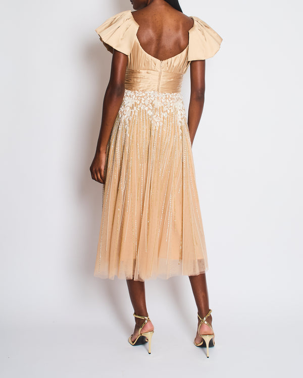 Saiid Kobeisy Tan Embellished Short Sleeve Midi Dress Size UK 8 / 10