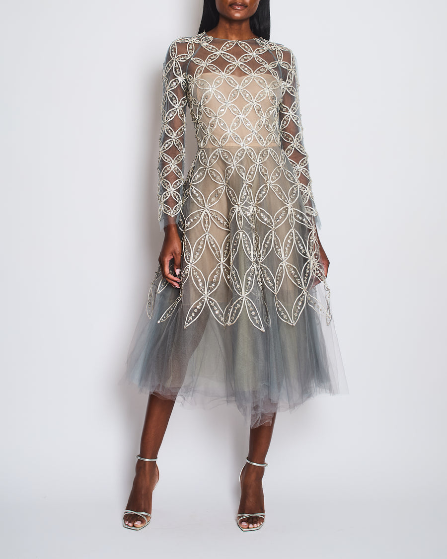 Oscar De La Renta Dove Grey Floral Embellished Mesh Gown Size FR 34 (UK 6)