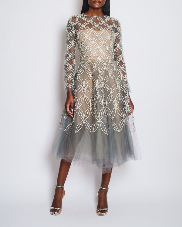 Oscar De La Renta Dove Grey Floral Embellished Mesh Gown Size FR 34 (UK 6)