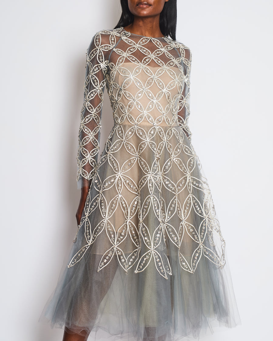 Oscar De La Renta Dove Grey Floral Embellished Mesh Gown Size FR 34 (UK 6)