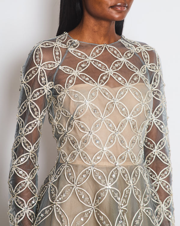 Oscar De La Renta Dove Grey Floral Embellished Mesh Gown Size FR 34 (UK 6)