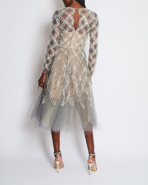 Oscar De La Renta Dove Grey Floral Embellished Mesh Gown Size FR 34 (UK 6)