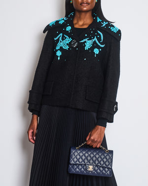 Prada Black Wool Cropped Jacket with Turquoise Embellishments & Black Marble Effect Buttons Details Size IT 40 (UK 8)