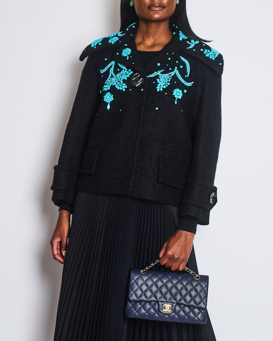 Prada Black Wool Cropped Jacket with Turquoise Embellishments & Black Marble Effect Buttons Details Size IT 40 (UK 8)