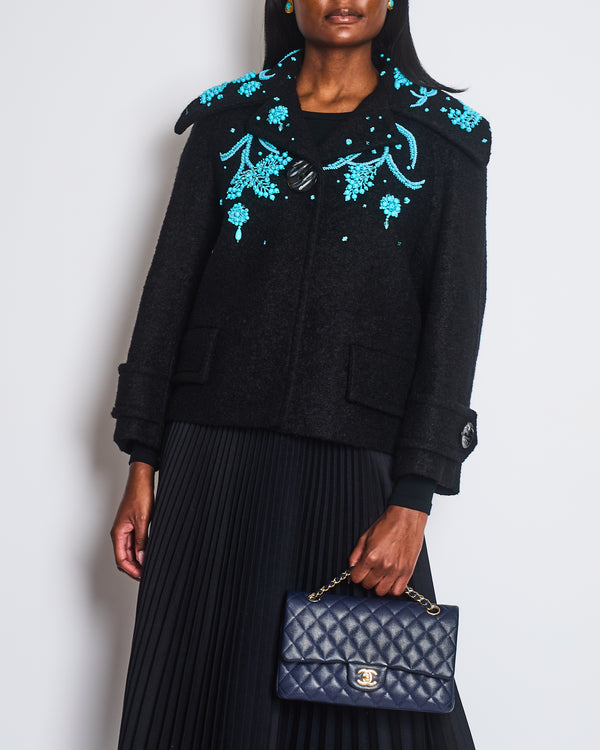 Prada Black Wool Cropped Jacket with Turquoise Embellishments & Black Marble Effect Buttons Details Size IT 40 (UK 8)