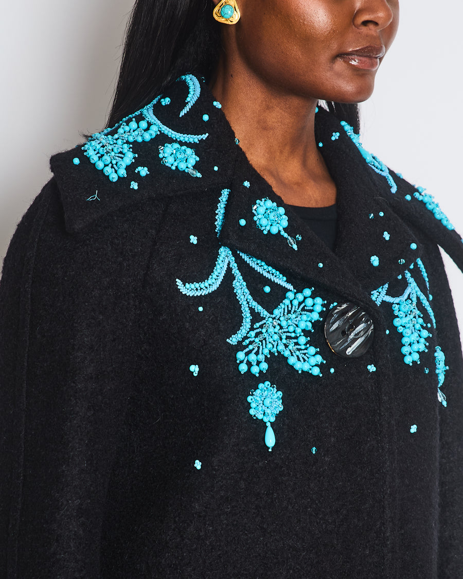Prada Black Wool Cropped Jacket with Turquoise Embellishments & Black Marble Effect Buttons Details Size IT 40 (UK 8)