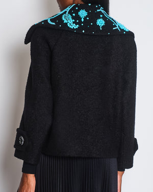 Prada Black Wool Cropped Jacket with Turquoise Embellishments & Black Marble Effect Buttons Details Size IT 40 (UK 8)