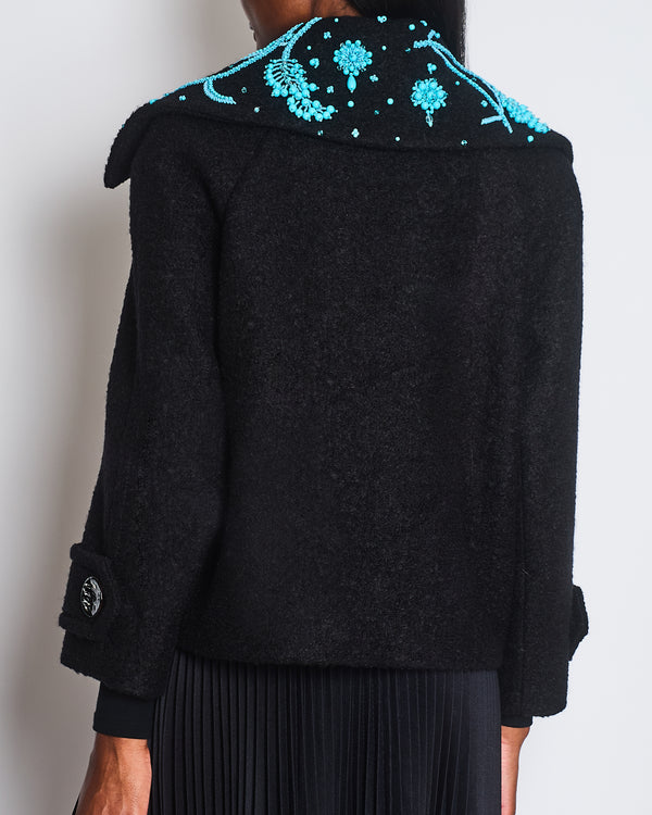 Prada Black Wool Cropped Jacket with Turquoise Embellishments & Black Marble Effect Buttons Details Size IT 40 (UK 8)