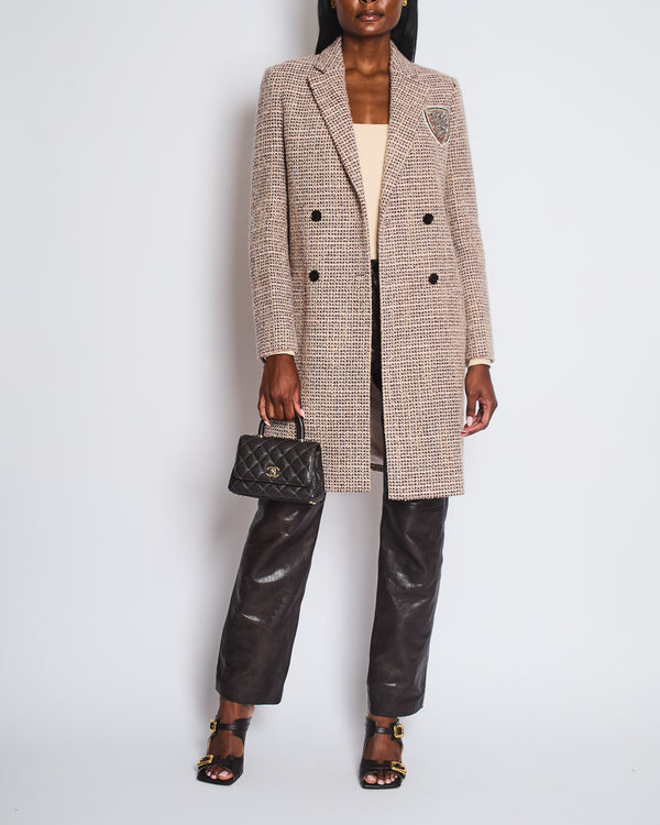 Christian Dior Pink, Burgundy Wool Tweed Coat with Embellished Patch Work Logo Size FR 40 (UK 12)