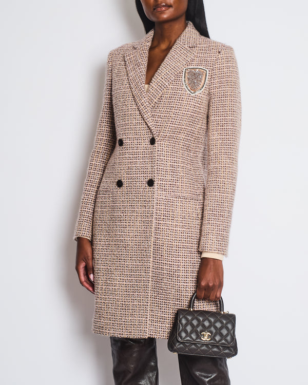 Christian Dior Pink, Burgundy Wool Tweed Coat with Embellished Patch Work Logo Size FR 40 (UK 12)