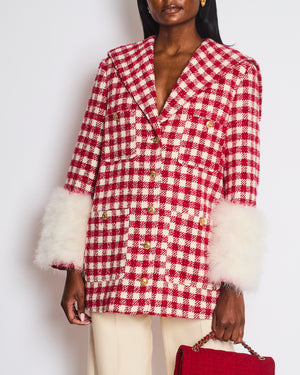 Gucci Red & Cream Houndstooth Long Blazer Jacket with White Fur Sleeve Details & GG Gold Buttons Size IT 42 (UK 10)