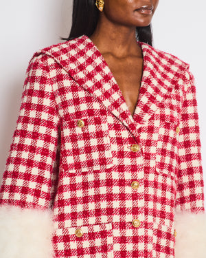 Gucci Red & Cream Houndstooth Long Blazer Jacket with White Fur Sleeve Details & GG Gold Buttons Size IT 42 (UK 10)