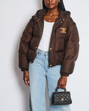 Celine 2023-24 FW Brown Triomphe Cropped Down Jacket in Lightweight Nylon with Leather patch Logo Size FR 40 (UK 12)