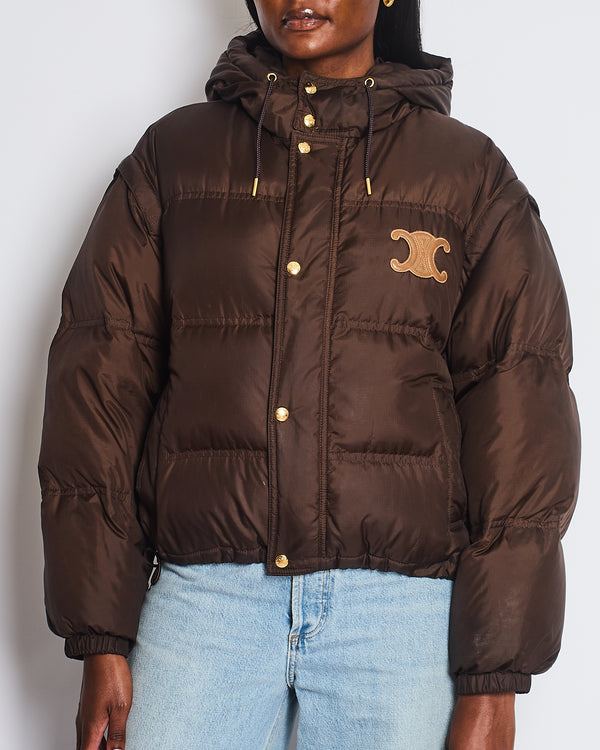 Celine 2023-24 FW Brown Triomphe Cropped Down Jacket in Lightweight Nylon with Leather patch Logo Size FR 40 (UK 12)
