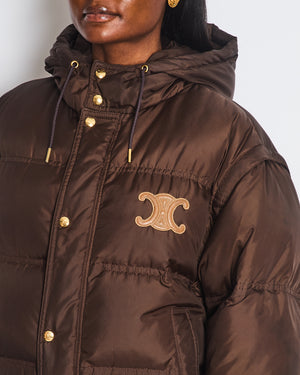 Celine 2023-24 FW Brown Triomphe Cropped Down Jacket in Lightweight Nylon with Leather patch Logo Size FR 40 (UK 12)