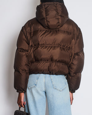 Celine 2023-24 FW Brown Triomphe Cropped Down Jacket in Lightweight Nylon with Leather patch Logo Size FR 40 (UK 12)