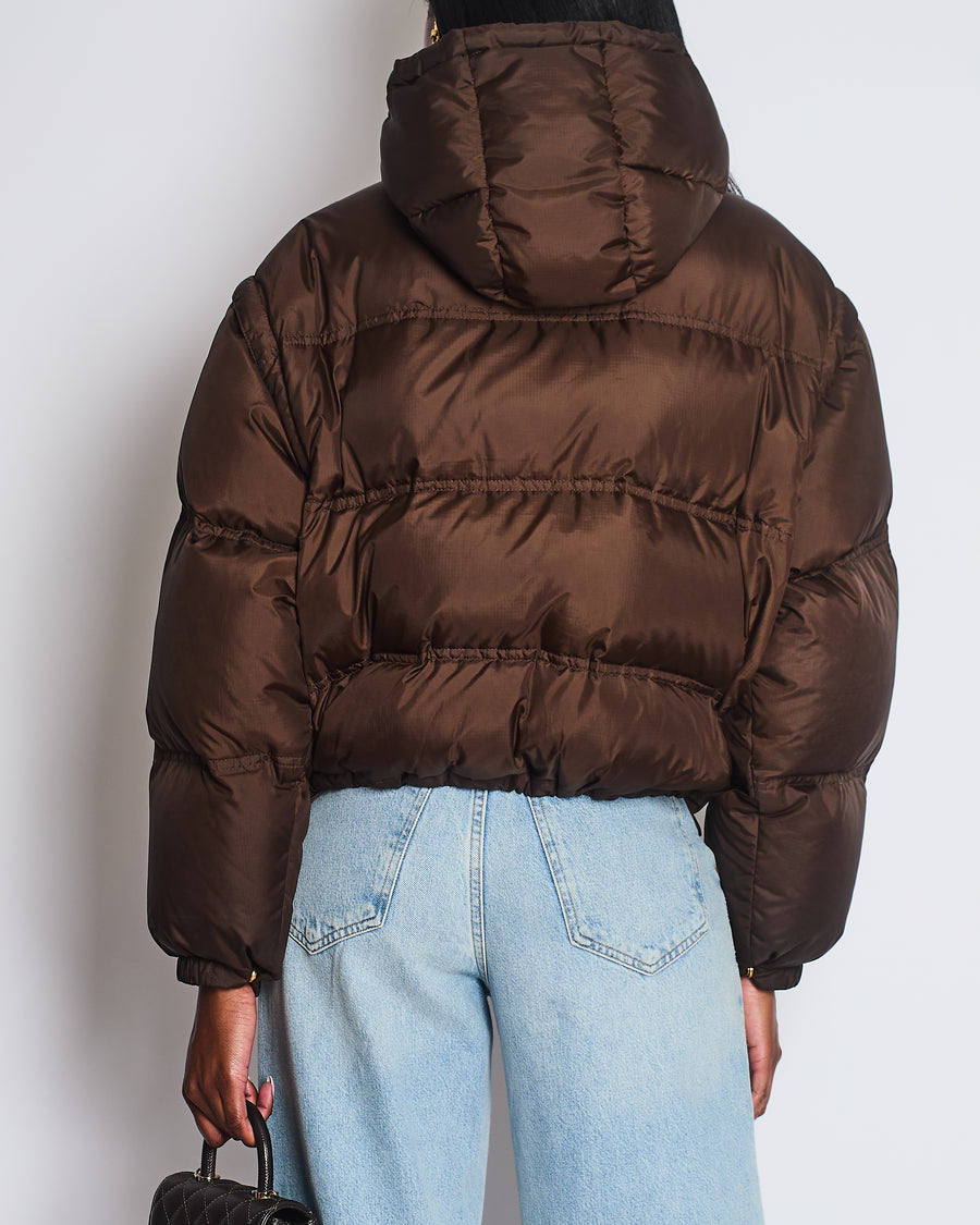 Celine 2023-24 FW Brown Triomphe Cropped Down Jacket in Lightweight Nylon with Leather patch Logo Size FR 40 (UK 12)