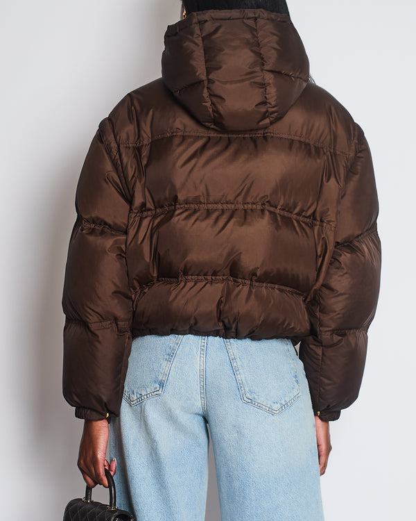 Celine 2023-24 FW Brown Triomphe Cropped Down Jacket in Lightweight Nylon with Leather patch Logo Size FR 40 (UK 12)