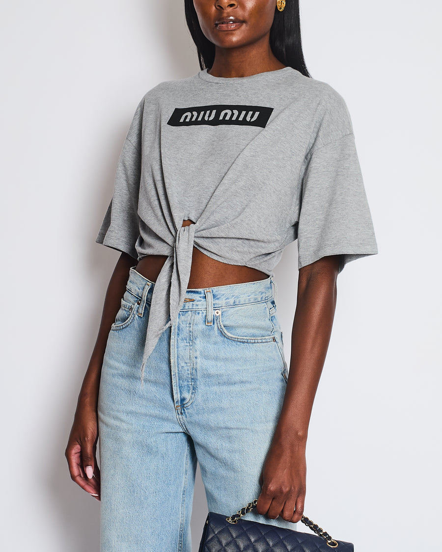 Miu Miu Grey Cropped Logo T-Shirt with Tie Detail Size S (UK 8/10)