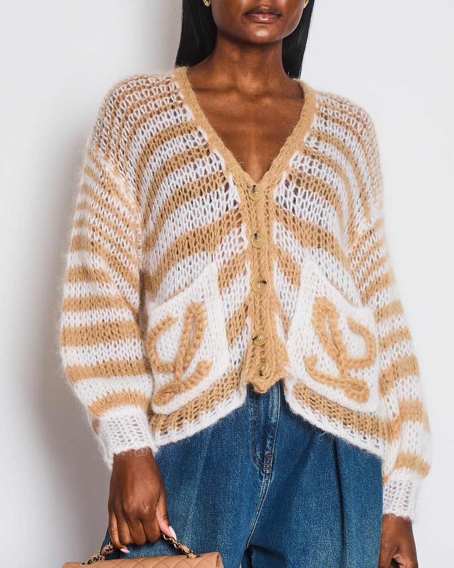 Loewe Beige and White Anagram Button Down Oversized Cardigan Size XS (UK 6/8)