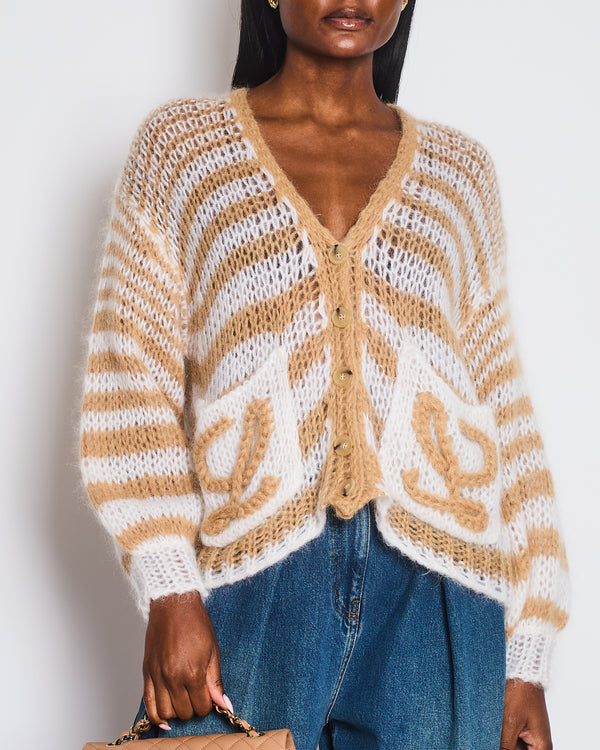 Loewe Beige and White Anagram Button Down Oversized Cardigan Size XS (UK 6/8)