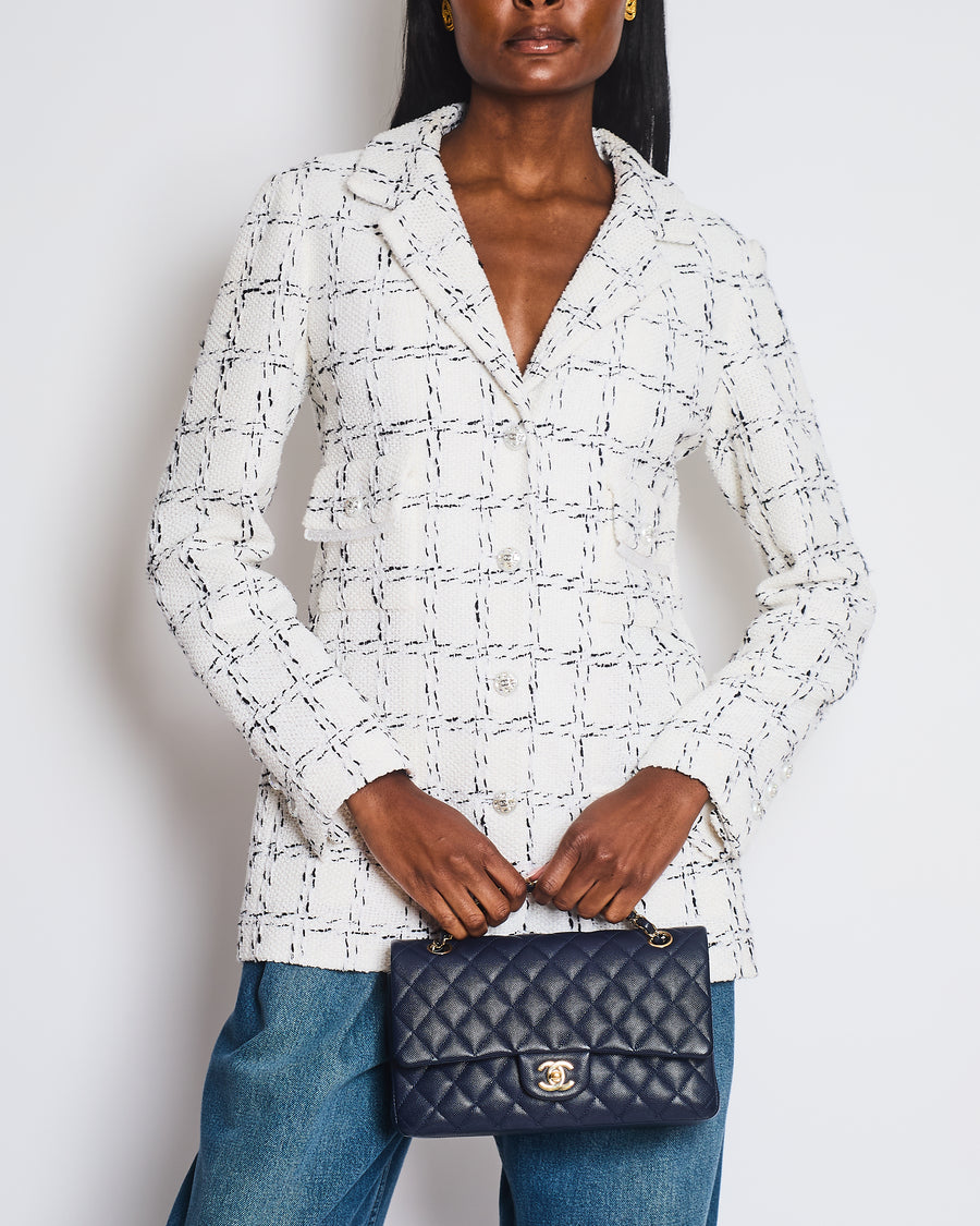 Chanel 23/S Black and White Plaid Tweed Long Line Button Down Jacket with Pocket Detail Size FR 38 (UK 10)