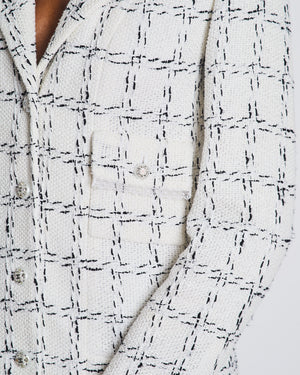 Chanel 23/S Black and White Plaid Tweed Long Line Button Down Jacket with Pocket Detail Size FR 38 (UK 10)