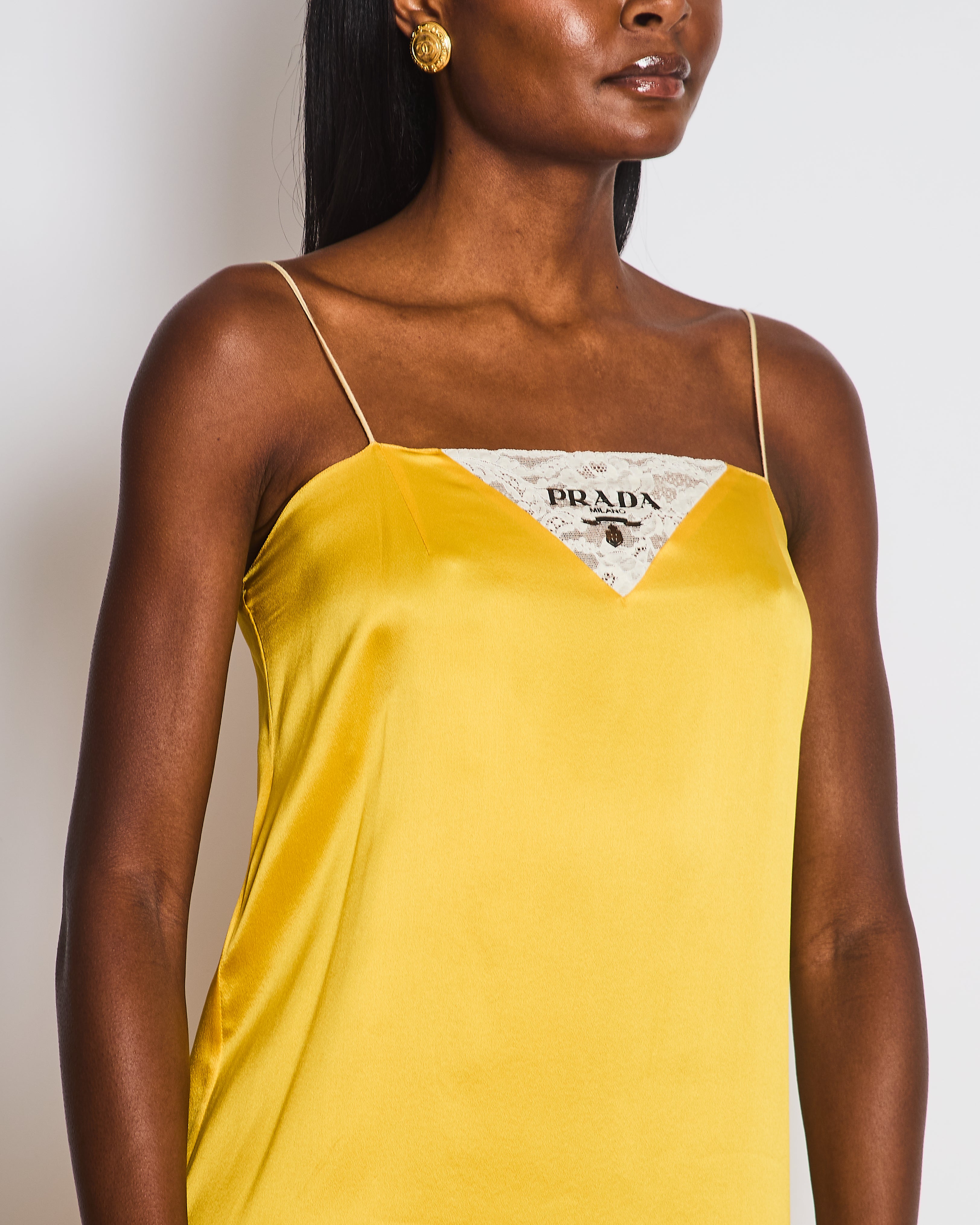 Prada Yellow Satin Mini Slip Dress with White Lace Insert and