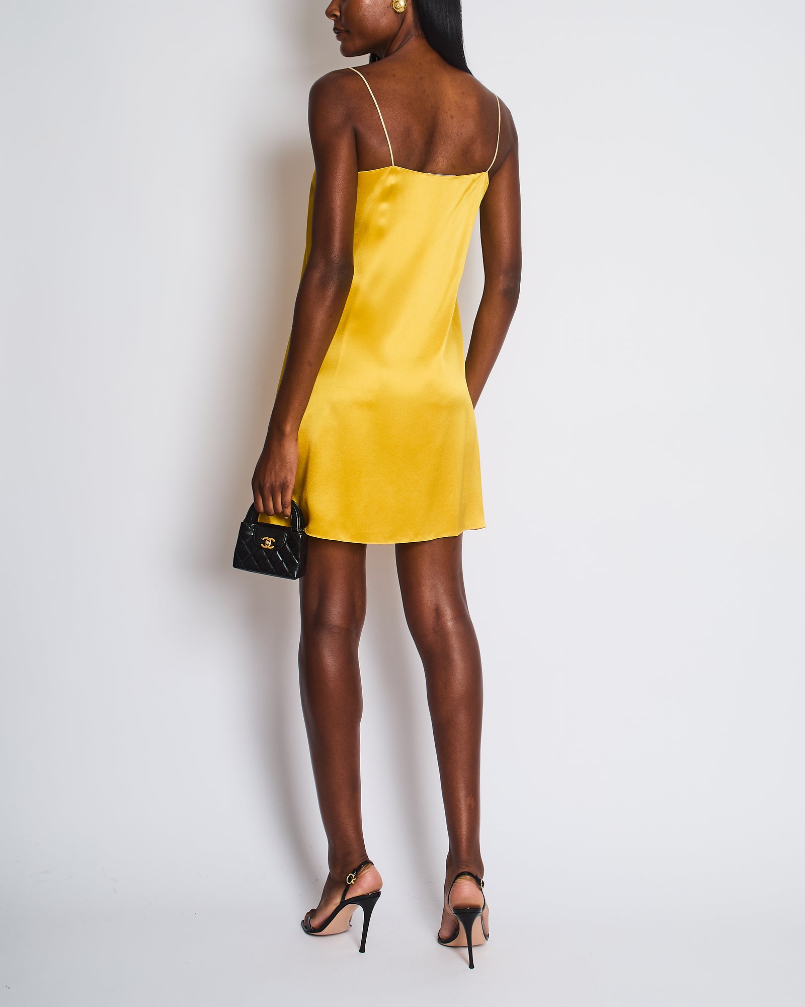 Prada Yellow Satin Mini Slip Dress with White Lace Insert and