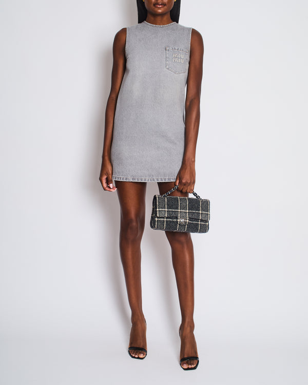 Miu Miu Grey Denim Sleeveless Shift Dress with Pocket and Logo Detail Size IT 36 (UK 4)