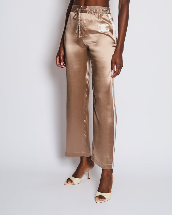 Celine Beige Silk Track Pants with Triomphe Logo and Stripe Detail Size FR 34 (UK 6)