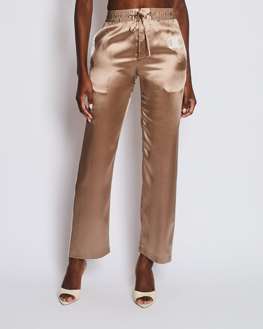 Celine Beige Silk Track Pants with Triomphe Logo and Stripe Detail Size FR 34 (UK 6)