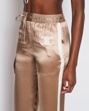 Celine Beige Silk Track Pants with Triomphe Logo and Stripe Detail Size FR 34 (UK 6)