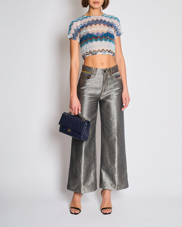Missoni Grey Silver Wide Leg Trousers with Multi-Colour Pocket Details Size IT 38 (UK 6)