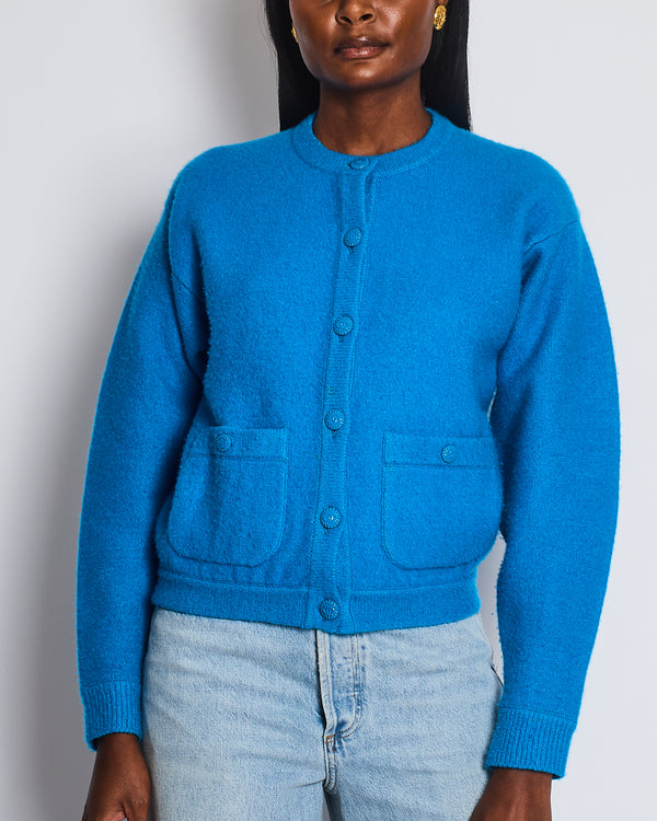 Chanel 22/B Blue Round Neck Button Down Cardigan with CC Button Detail FR 34 (UK 6)