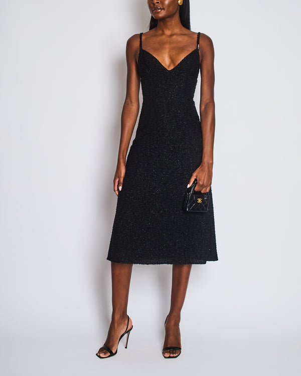 Chanel Black Metallic Tweed Straight Midi Dress with Pocket Detail and CC Crystal Clip Size FR 34 (UK 6)